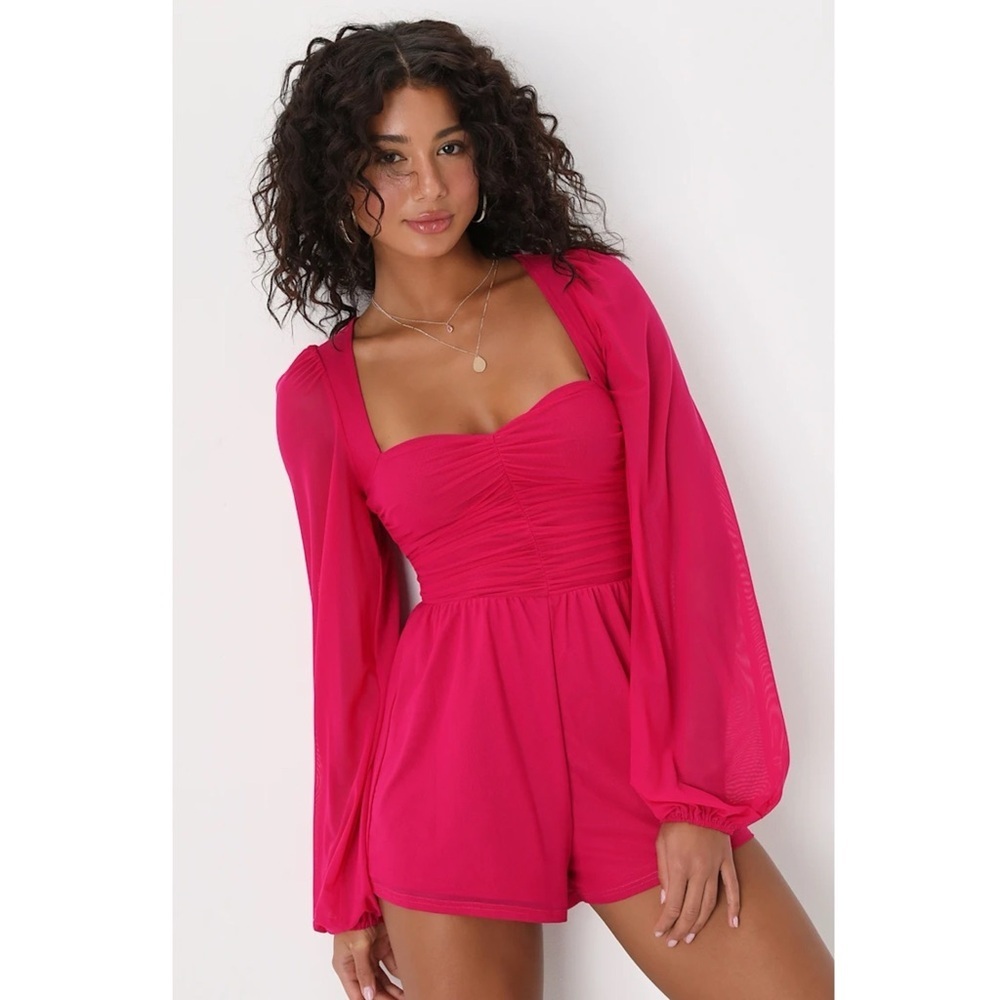 Lulus Playful Perfection Fuchsia Mesh Long Sleeve Ruched Romper Barbie NWT Large